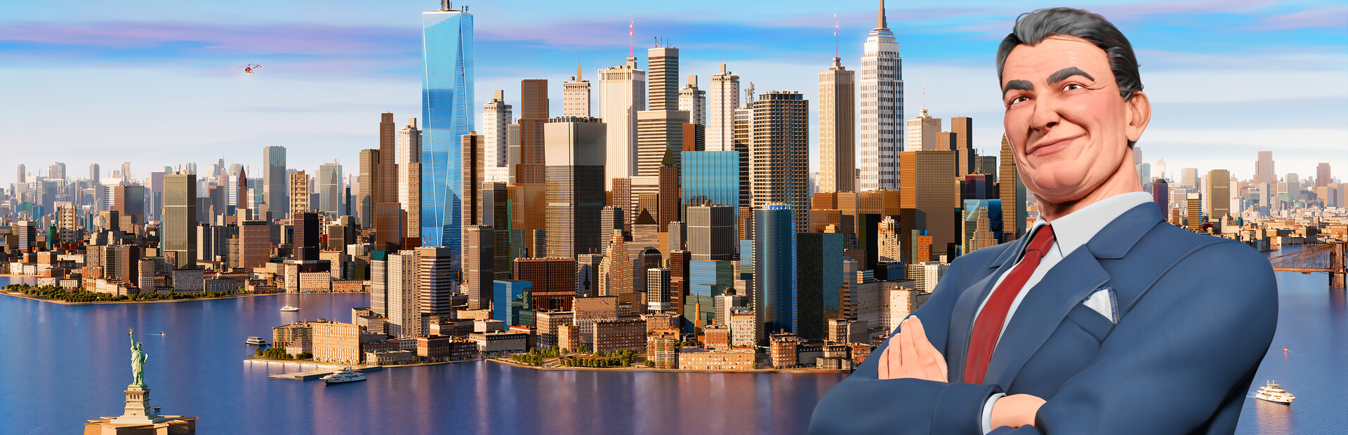 Big Ambitions official artwork showing the New York skyline and an entrepreneur